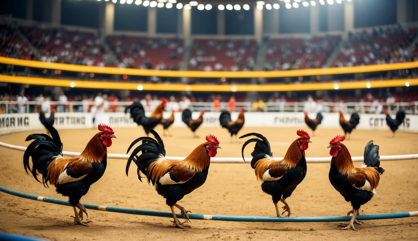 Sebuah arena sabung ayam resmi yang ramai dengan penonton yang bersorak dan ayam jantan di ring