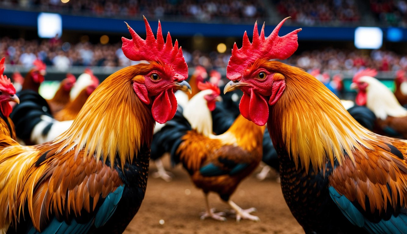 Dua ayam jantan berhadapan di arena yang ramai, bulu-bulu mereka kusut, paruh terbuka dalam tampilan agresi yang garang