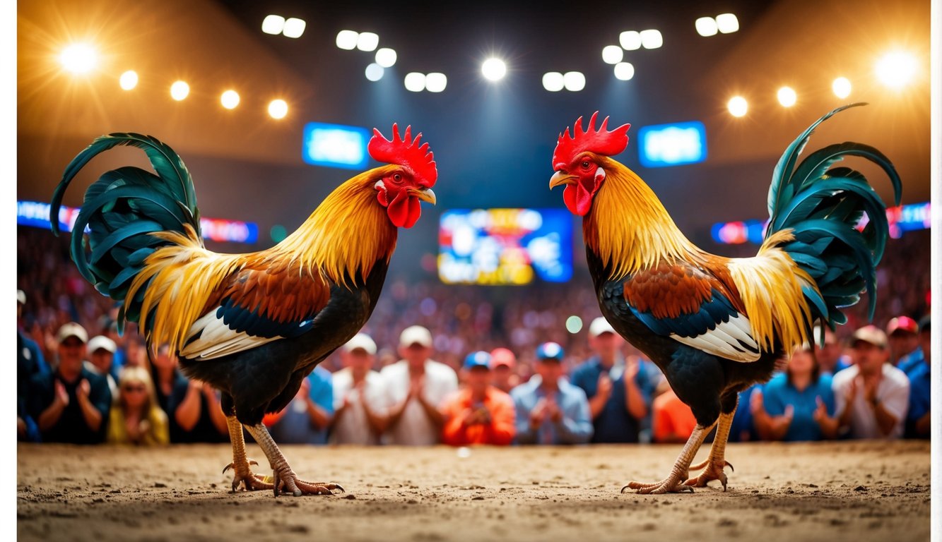 Dua ayam jantan berhadapan di arena yang ramai, dikelilingi oleh penonton yang bersorak dan lampu-lampu terang