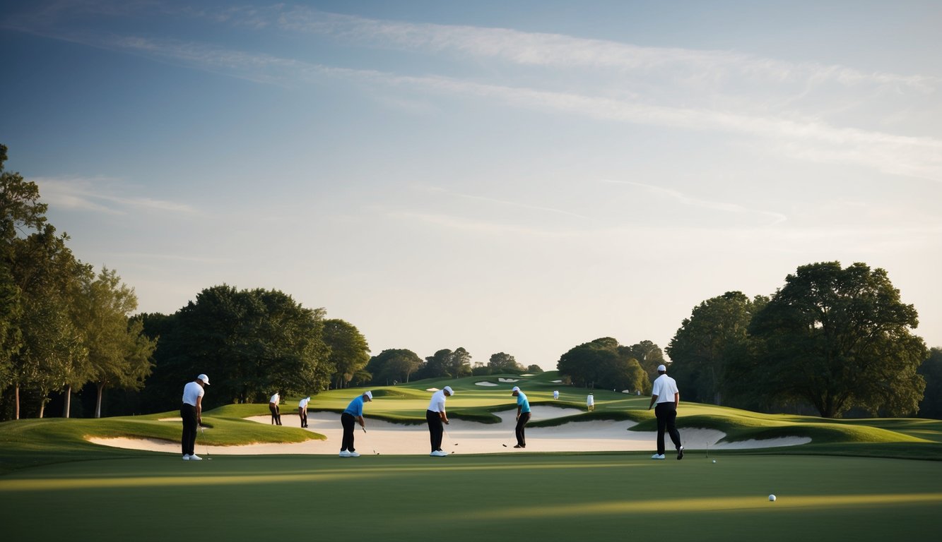 Lapangan golf dengan pemain yang sedang beraksi, dikelilingi oleh pepohonan hijau yang rimbun dan langit yang cerah