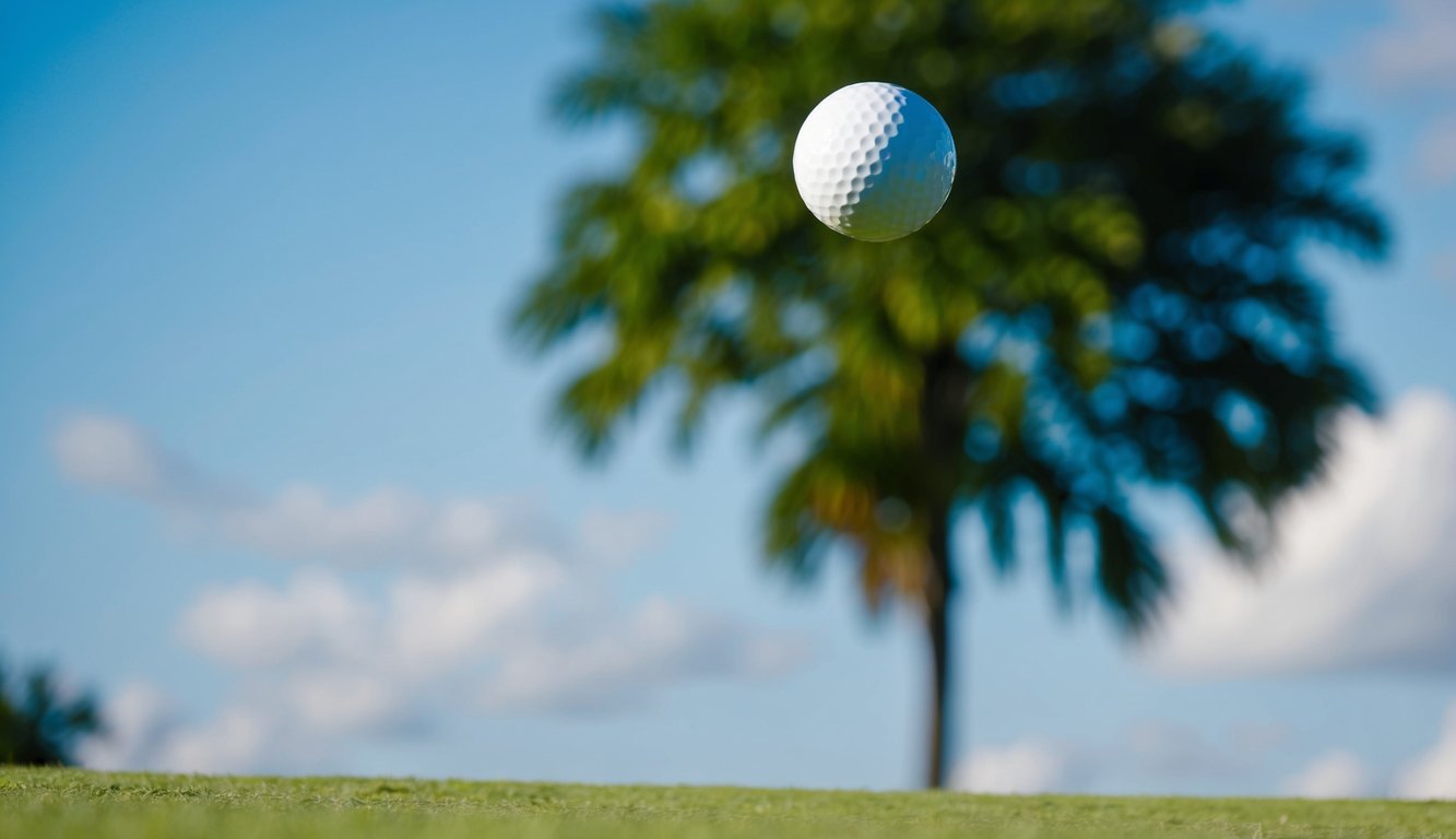 Sebuah bola golf meluncur di udara menuju lapangan hijau, dikelilingi oleh pepohonan yang rimbun dan langit biru yang cerah