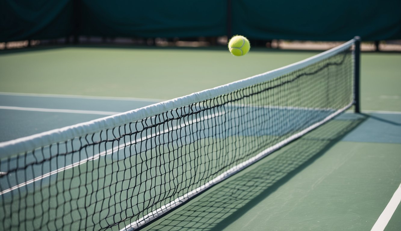 Sebuah bola tenis terbang melewati net dalam pertandingan kompetitif di lapangan luar ruangan yang cerah