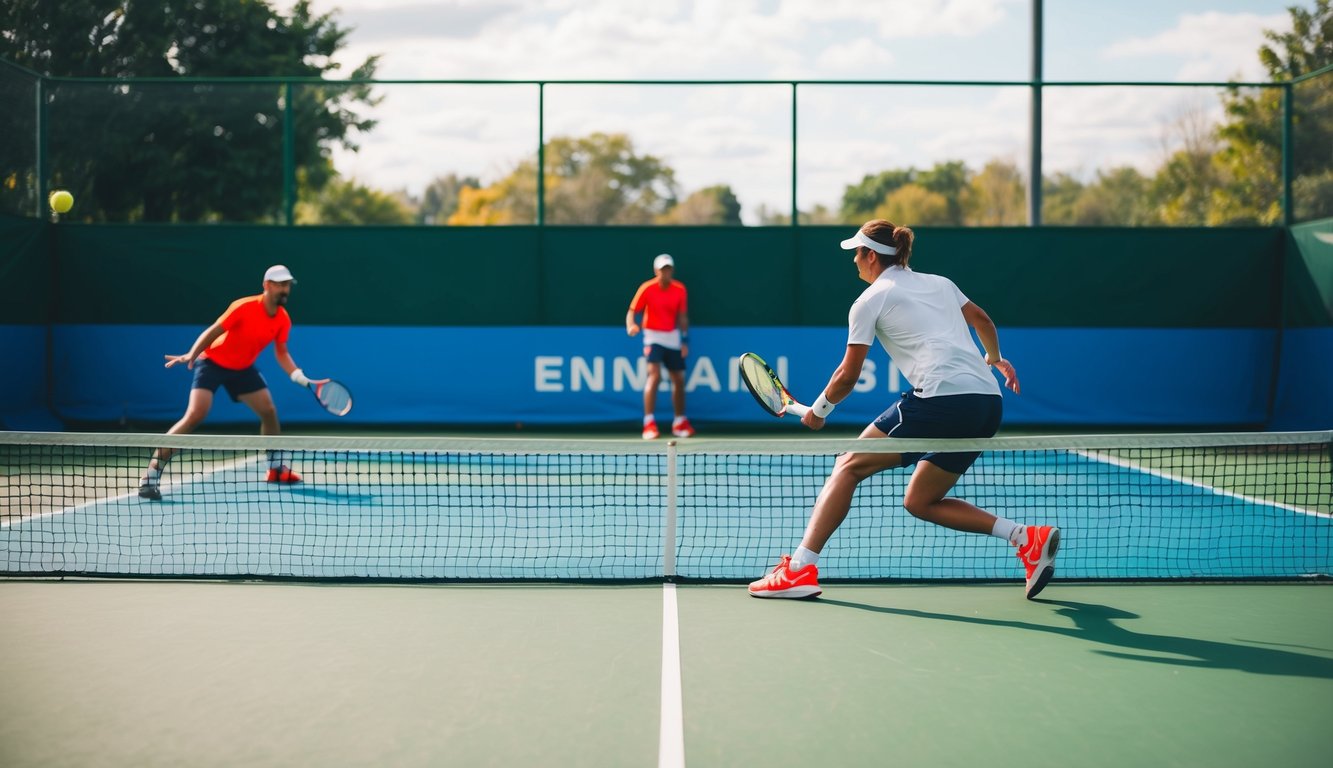 Lapangan tenis dengan warna-warna cerah dan pemain yang sedang beraksi