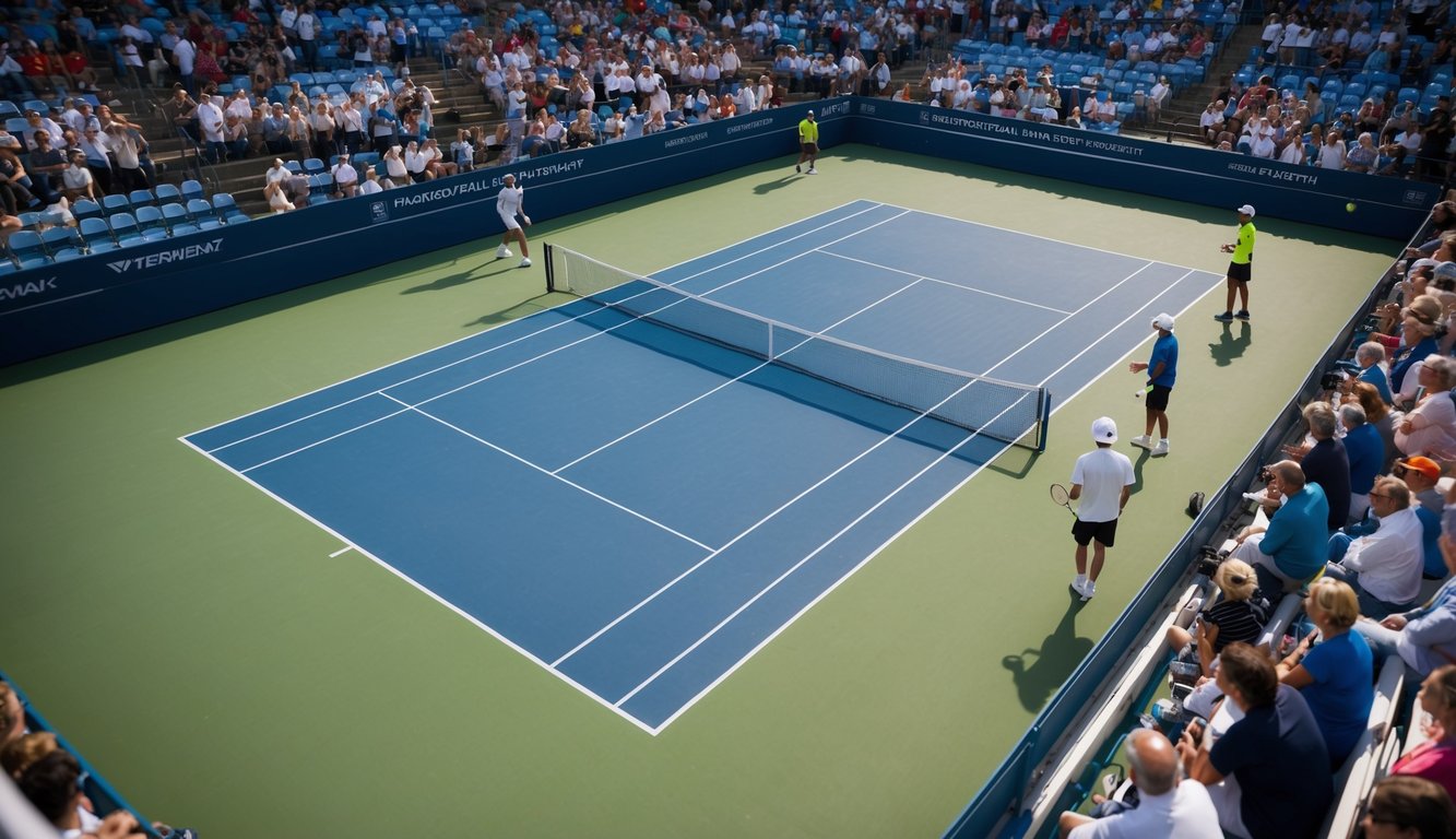 Sebuah lapangan tenis dengan jaring, dikelilingi oleh penonton dan pemain