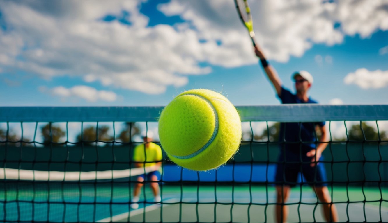 Sebuah bola tenis melambung di atas net, dengan seorang pemain di latar belakang siap untuk mengembalikan servis.