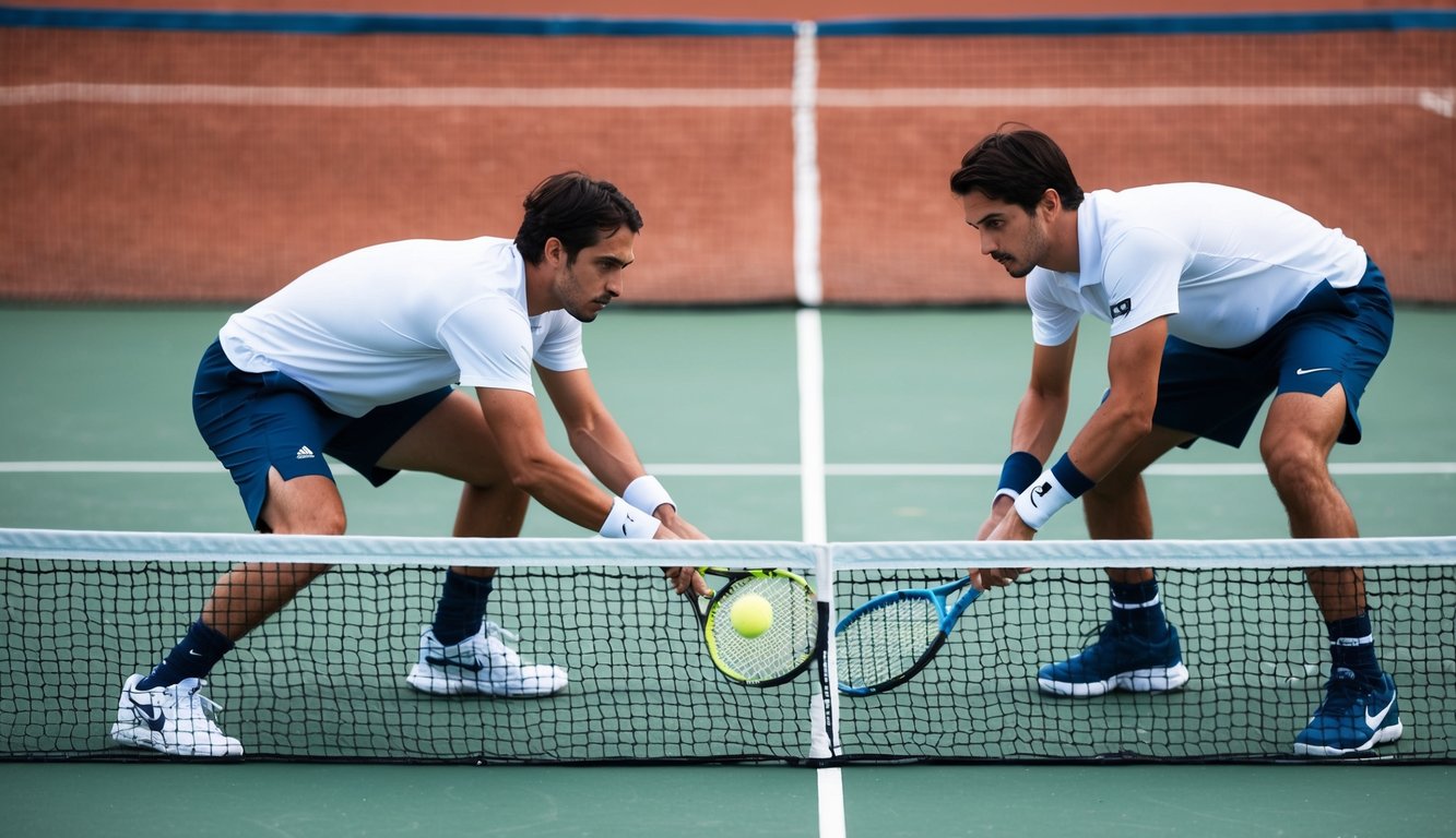 Dua pemain tenis sedang merencanakan strategi di lapangan selama pertandingan