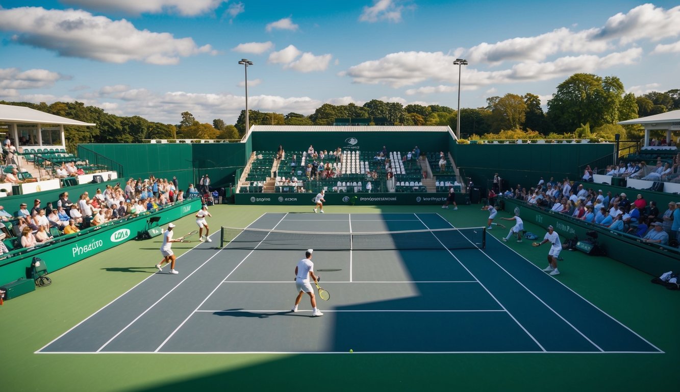 Sebuah pertandingan tenis yang sedang berlangsung di lapangan profesional, dengan pemain yang sedang beraksi dan penonton yang menyaksikan dari tribun.