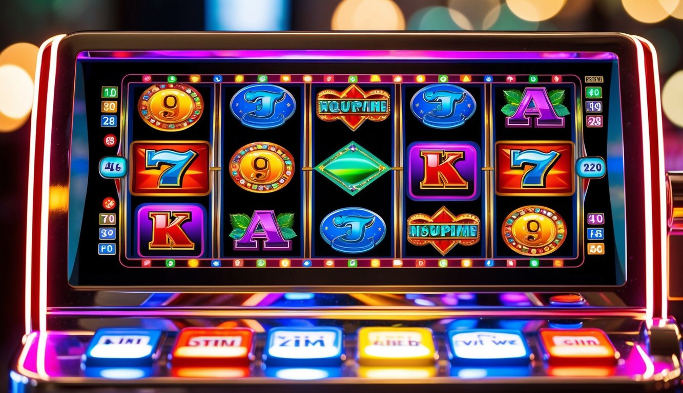 Mesin slot online yang berwarna-warni dan hidup dengan berbagai simbol bertema dan lampu berkedip