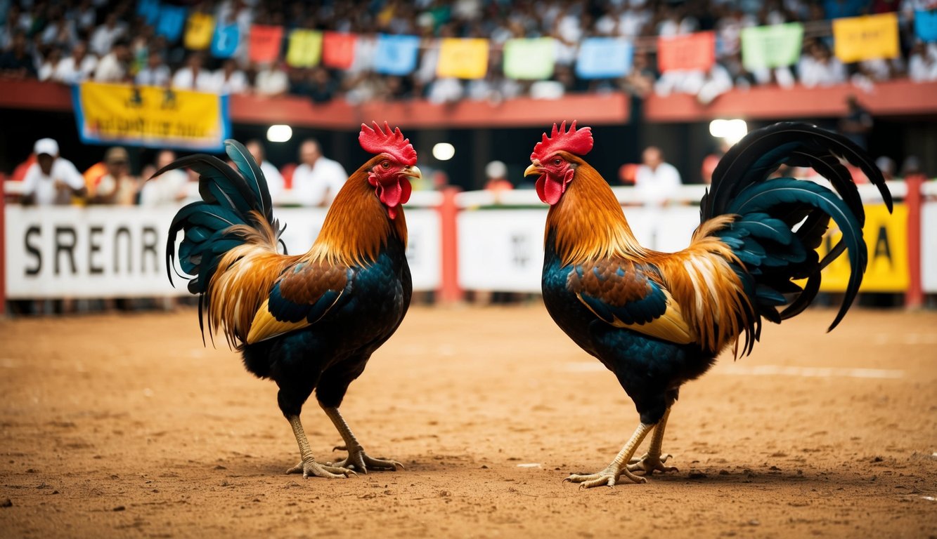 Dua ayam jantan berhadapan di arena sabung ayam tradisional, dikelilingi oleh penonton yang bersorak dan spanduk berwarna-warni