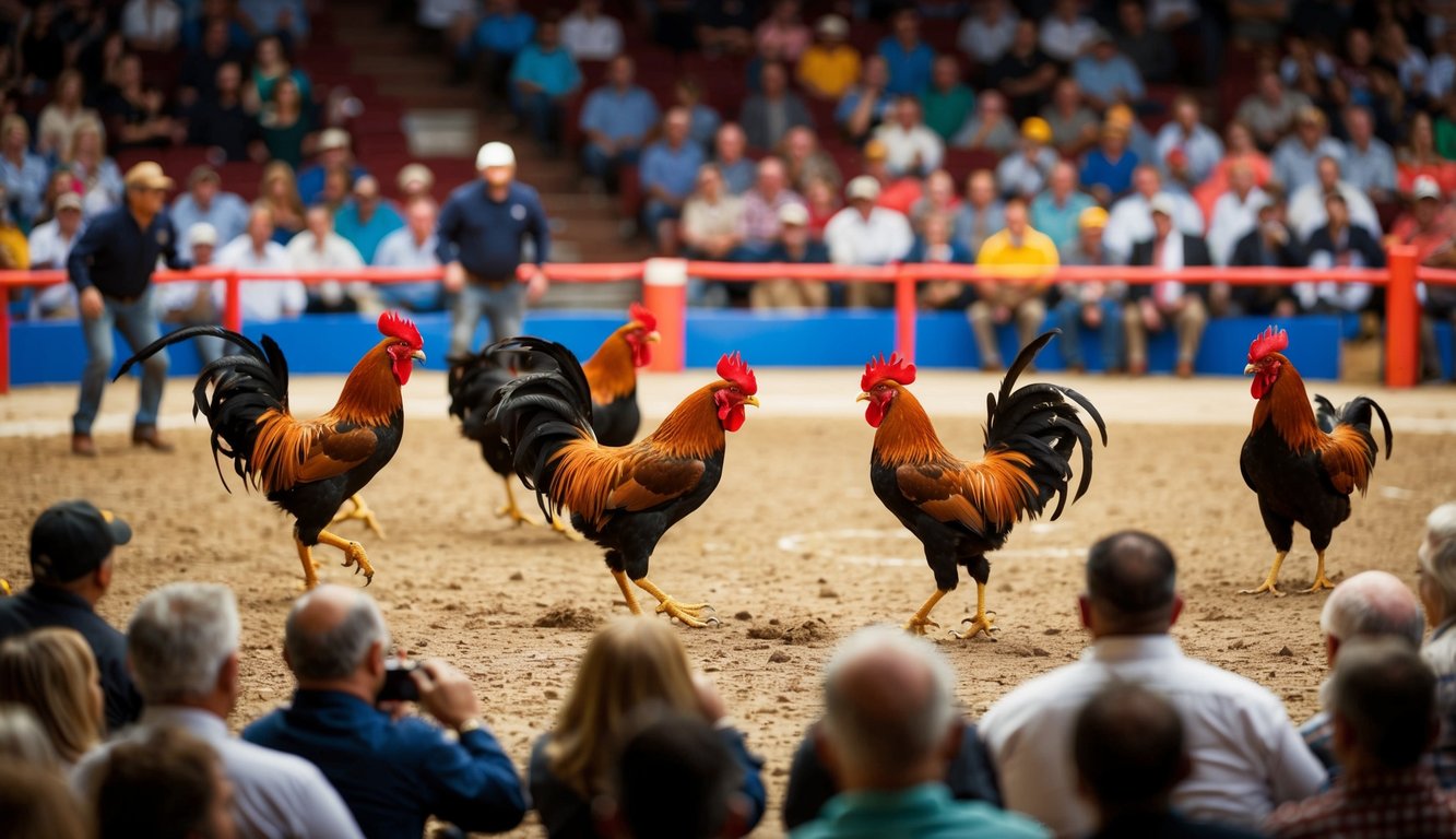 Sebuah arena yang ramai dengan ayam jantan yang bertarung, dikelilingi oleh penonton yang antusias