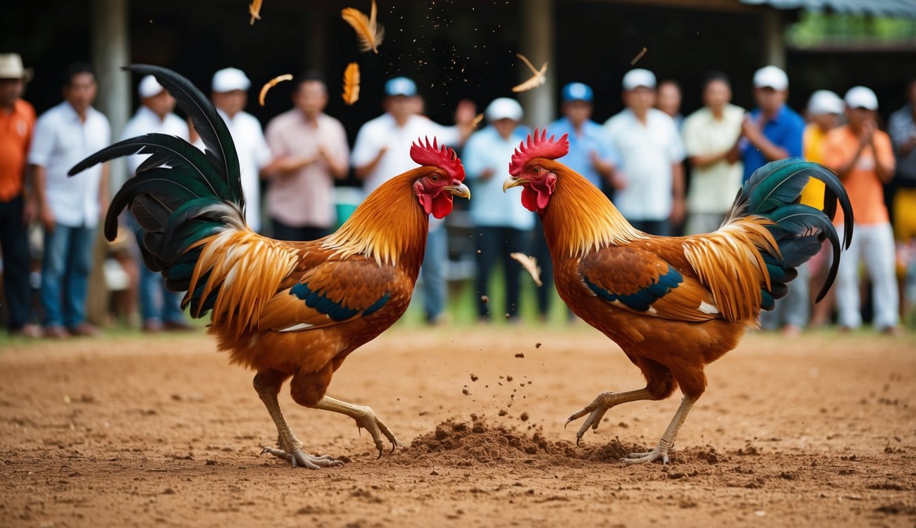 Dua ayam jantan berhadapan di dalam lubang tanah yang dikelilingi oleh penonton yang bersorak. Bulu beterbangan saat mereka bertarung dalam sabung ayam tradisional Indonesia.