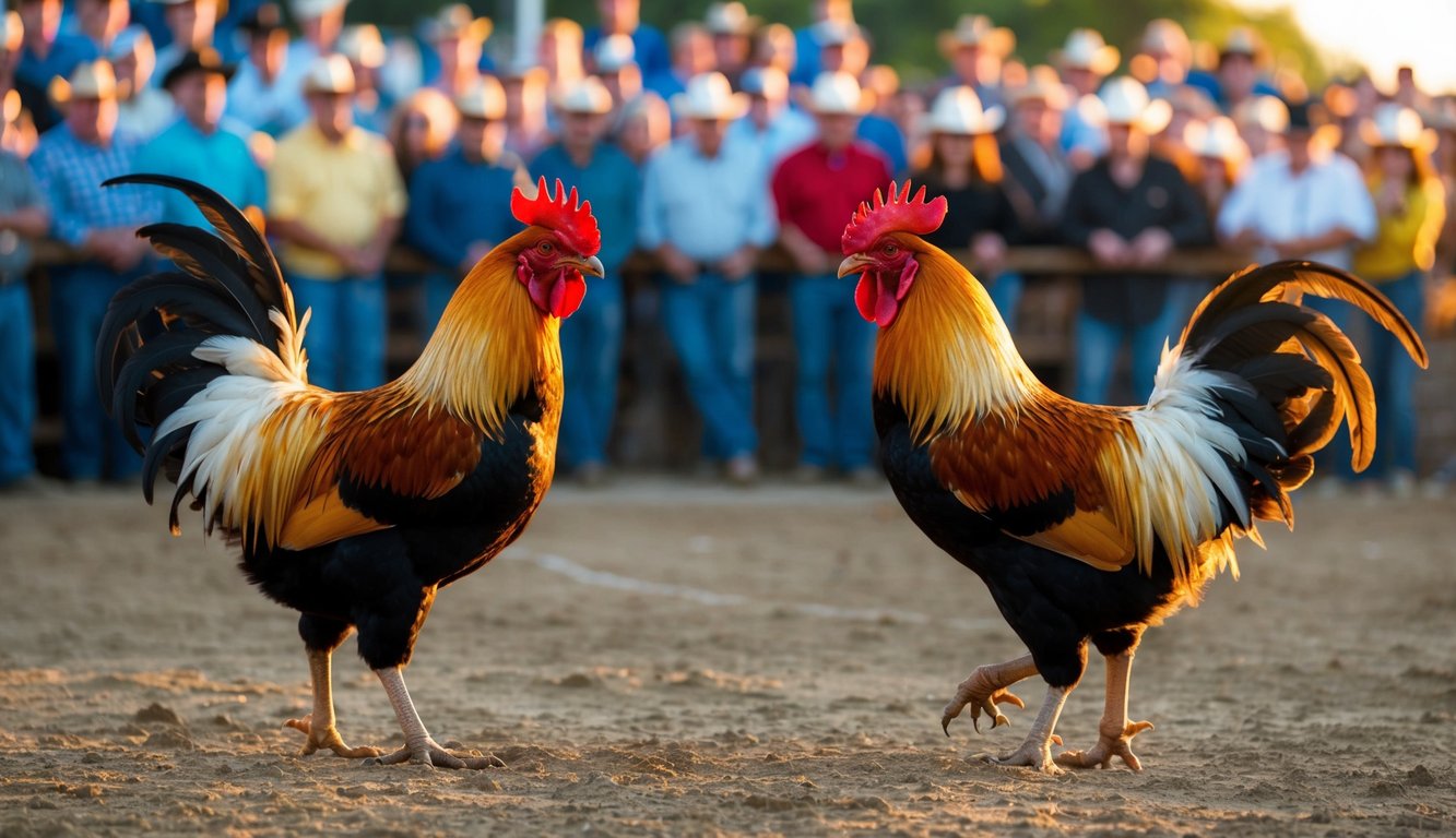 Dua ayam jantan berhadapan di arena tanah yang dikelilingi oleh kerumunan penonton. Matahari terbenam, memancarkan cahaya hangat di atas pemandangan.