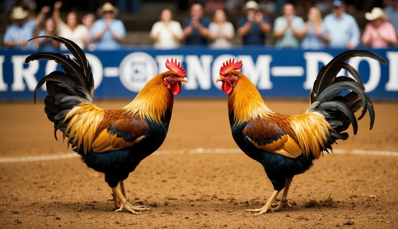 Dua ayam jantan berhadapan di arena tanah, dikelilingi oleh penonton yang bersorak