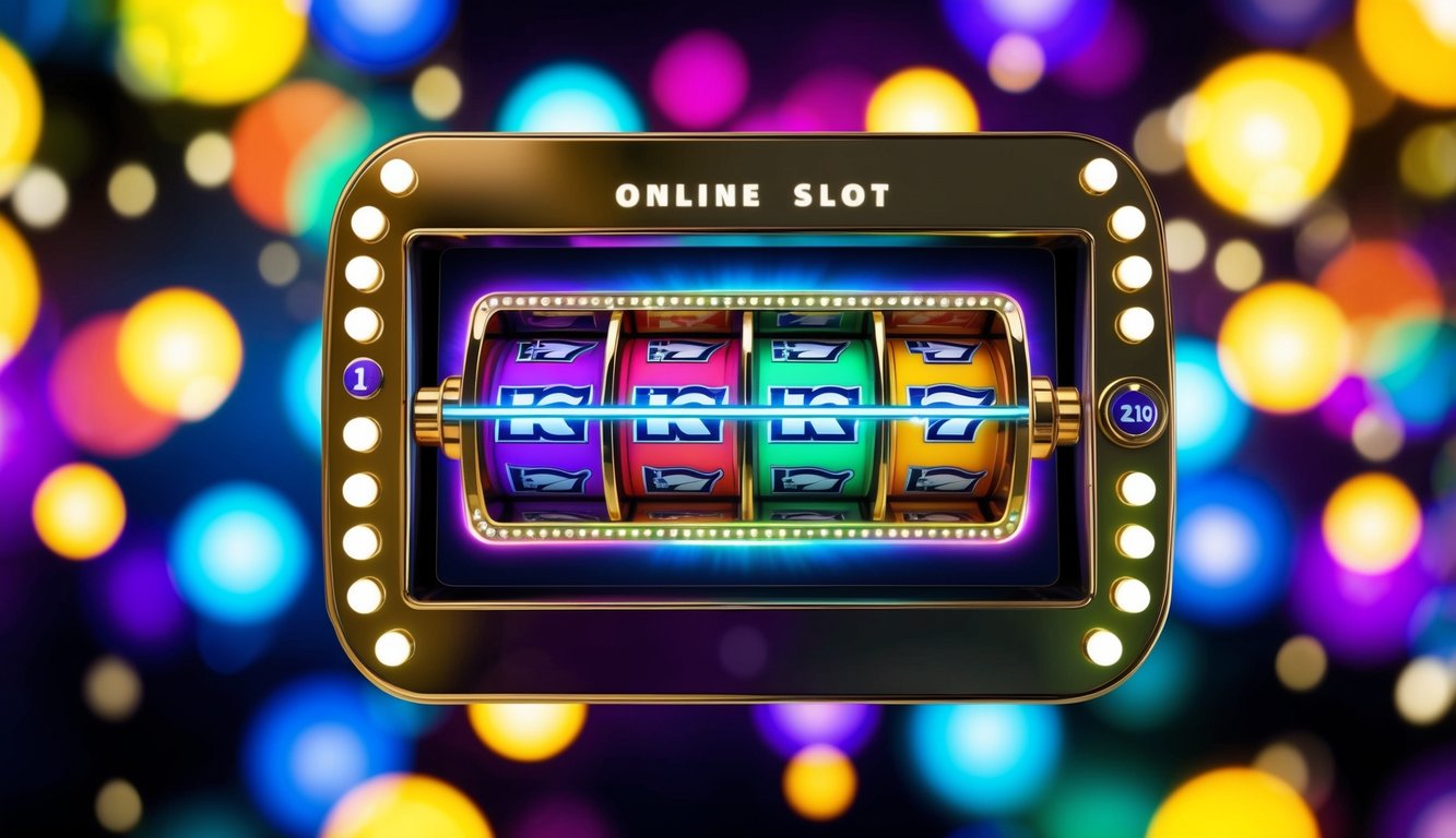 Sebuah mesin slot online yang berwarna-warni dan cerah dikelilingi oleh cahaya dan simbol yang bersinar, dengan antarmuka yang ramping dan modern