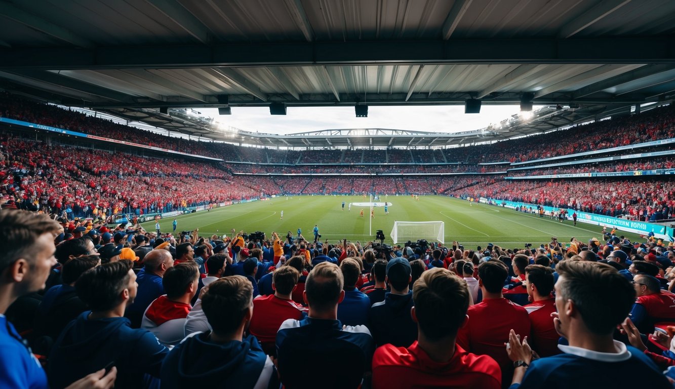 Sebuah stadion olahraga yang ramai dengan penggemar yang bersorak dan pemain yang sedang beraksi