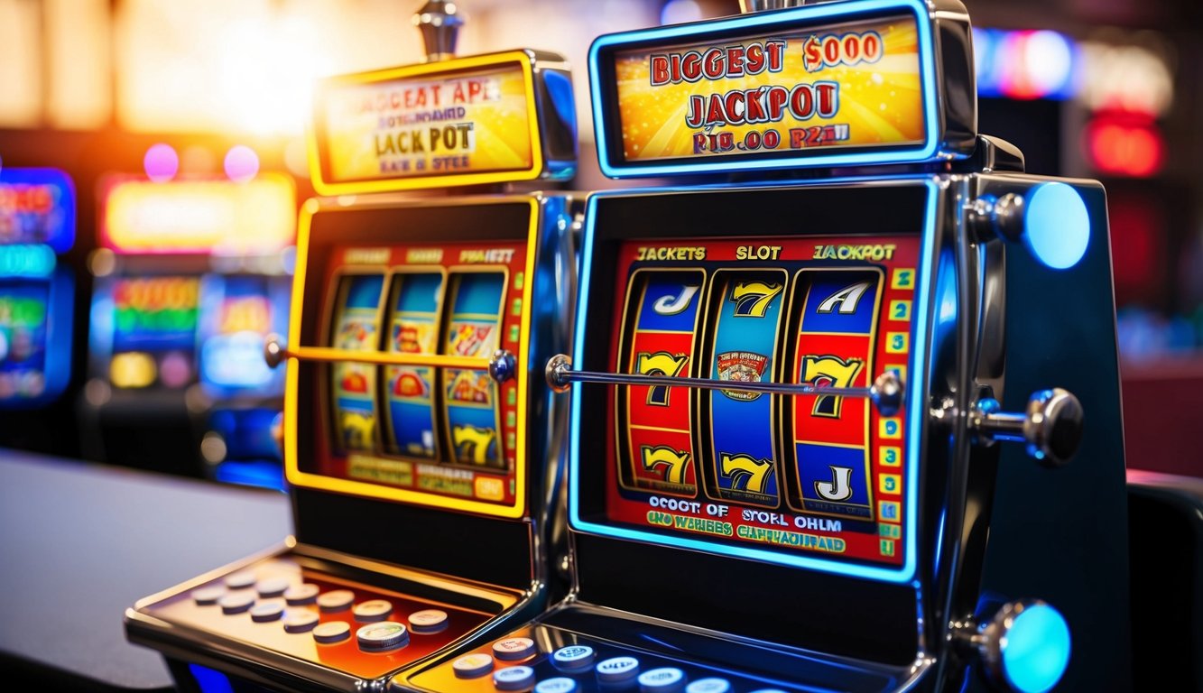 Mesin slot berwarna-warni dengan lampu berkedip dan gulungan berputar, menampilkan hadiah jackpot terbesar