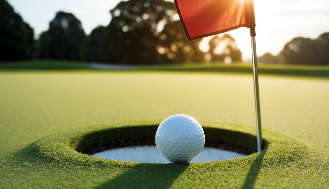 Sebuah bola golf yang bergulir ke dalam lubang di lapangan golf yang hijau subur, dengan bendera berkibar di angin.