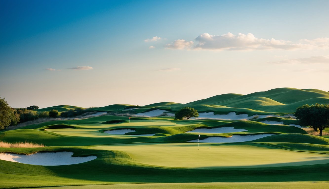 Sebuah lapangan golf yang tenang dengan jalur hijau subur, perbukitan yang bergelombang, dan langit biru yang cerah