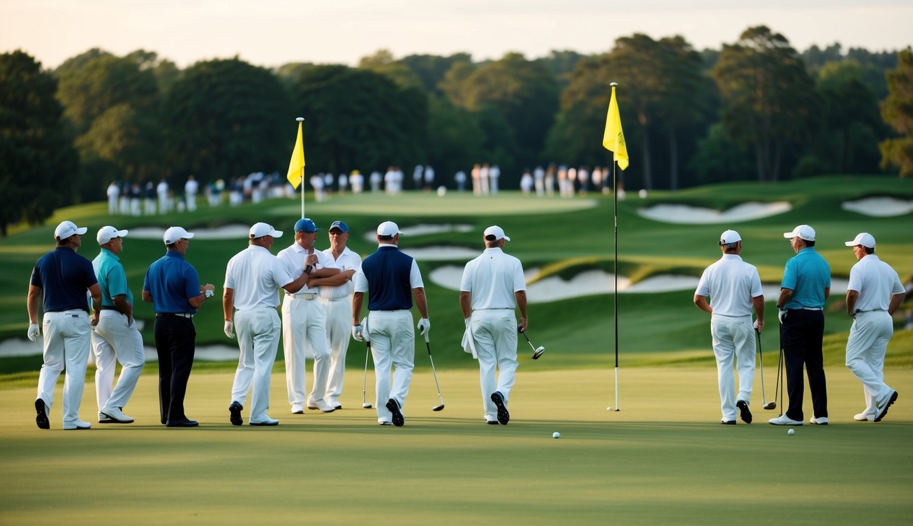 Adegan taruhan golf dengan pemain, caddy, dan penonton di lapangan hijau subur dengan bendera dan klub golf yang terlihat