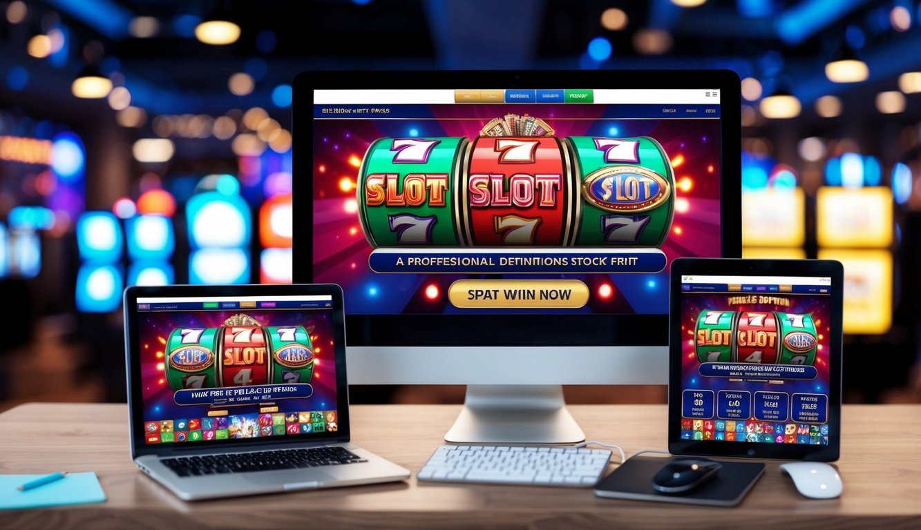 Situs permainan slot yang ramai dengan grafik berwarna-warni dan lampu berkedip