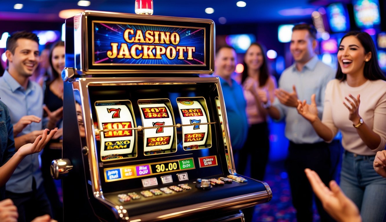 Sebuah mesin slot kasino yang berwarna-warni dengan lampu berkedip dan gulungan berputar, dikelilingi oleh pemain yang bersemangat berharap untuk mendapatkan jackpot terbesar