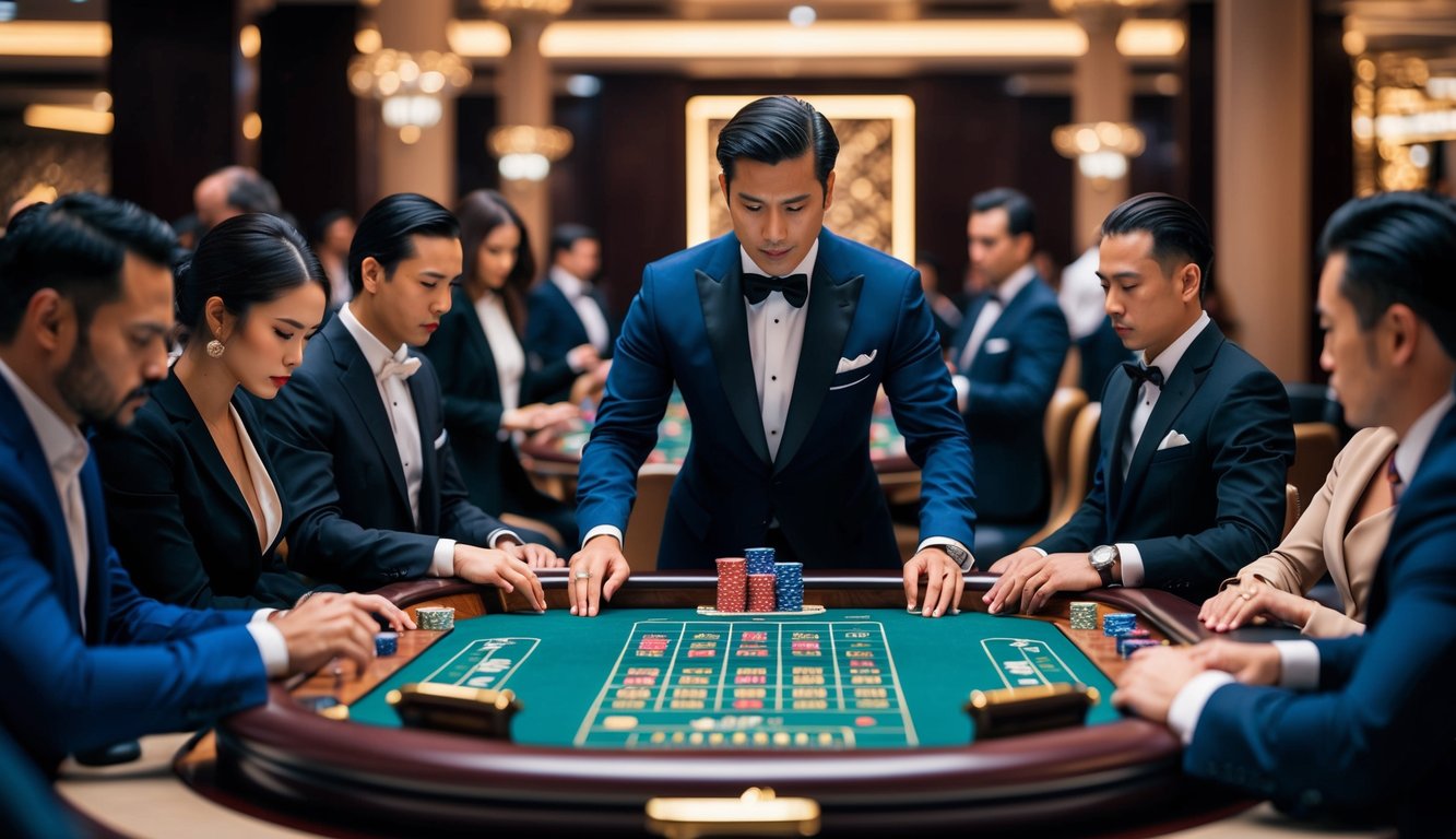 Sebuah setting kasino yang mewah dengan meja Baccarat yang ramping dikelilingi oleh pemain yang intens dan dekorasi yang elegan