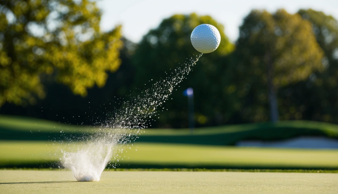 Sebuah bola golf melayang di udara menuju lapangan hijau, dengan lapangan yang subur dan terawat dengan baik di latar belakang