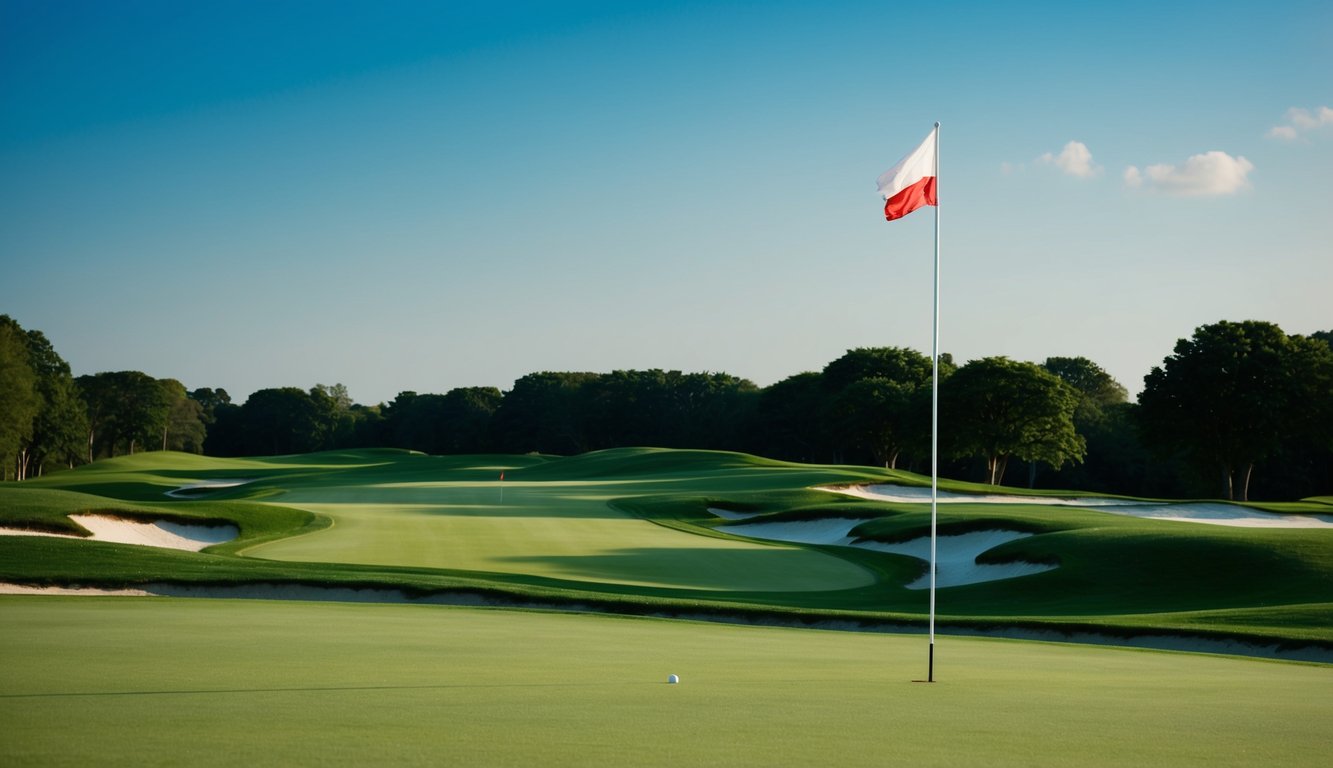 Sebuah lapangan golf dengan fairway hijau subur dan langit biru cerah, dengan bendera berkibar di angin sepoi-sepoi