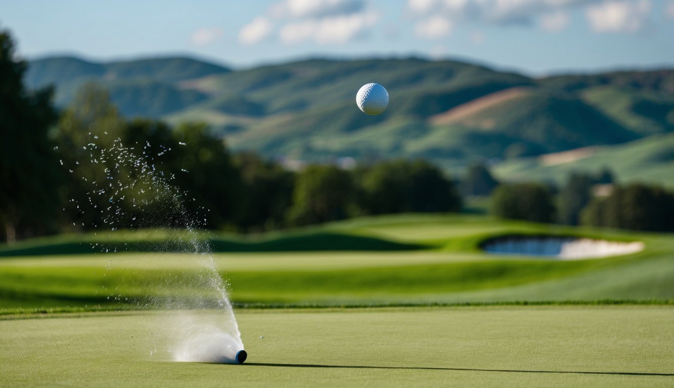 Sebuah bola golf meluncur di udara menuju lapangan hijau, dikelilingi oleh jalur golf yang subur dan terawat serta latar belakang perbukitan yang bergelombang.