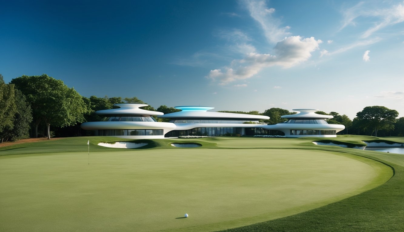 Sebuah lapangan golf yang tenang dengan arsitektur futuristik dan teknologi canggih, dikelilingi oleh latar belakang hijau subur dan langit biru yang cerah