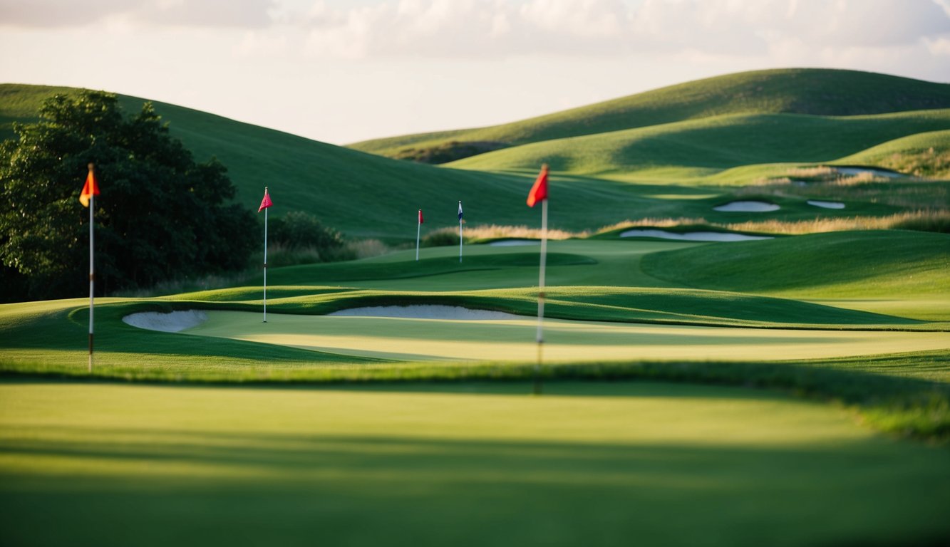 Sebuah lapangan golf dengan bendera yang menandai lubang-lubang, dikelilingi oleh hijau subur dan perbukitan yang bergelombang