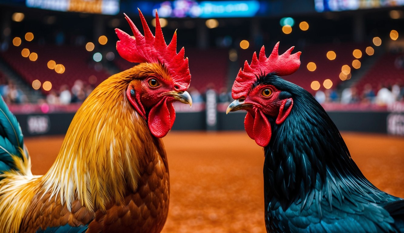 Seekor ayam jantan dan seekor ayam betina berhadapan di arena sabung ayam online yang ramai dan penuh warna