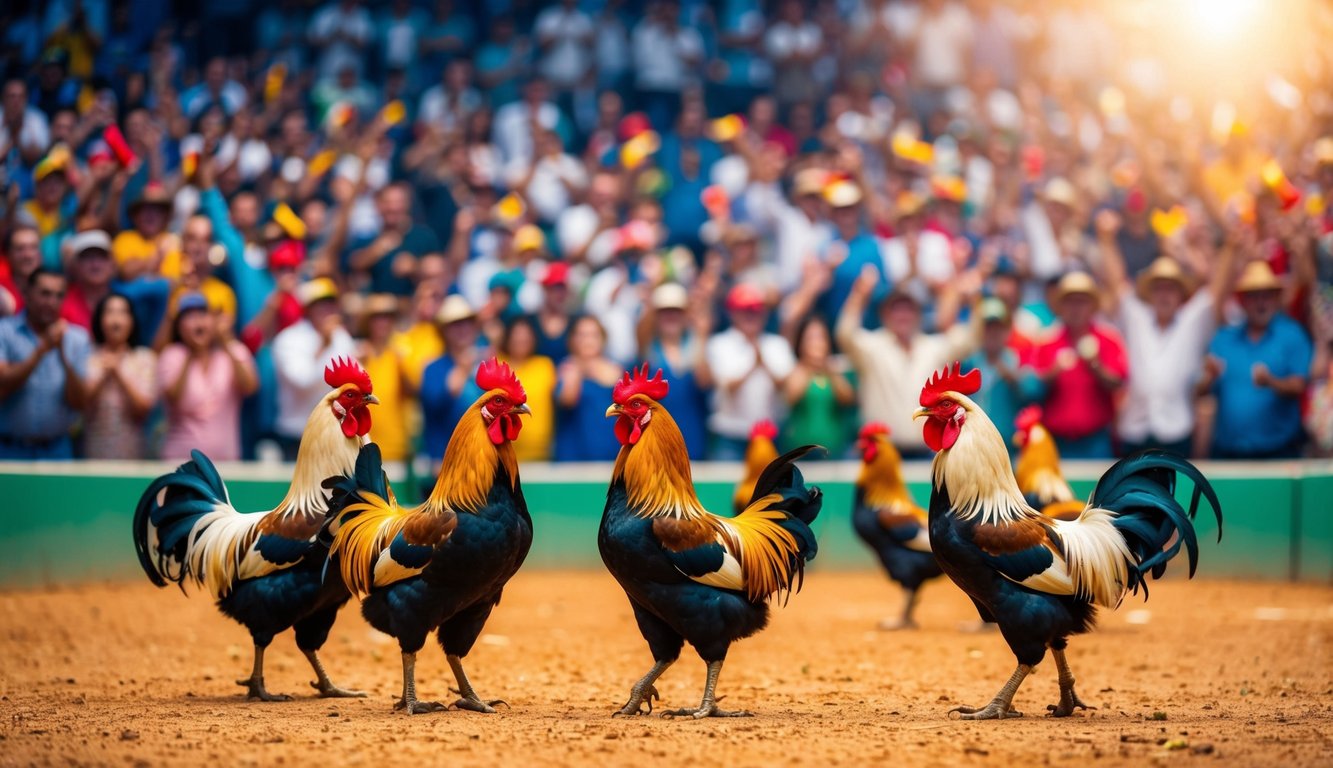 Sebuah arena yang ramai dan hidup dengan penonton yang bersorak serta ayam jantan berwarna-warni di tengah, siap untuk pertarungan ayam