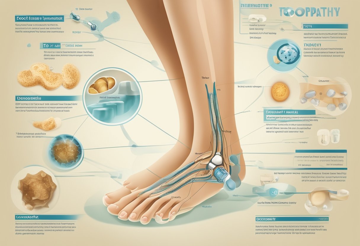 A close-up illustration of a foot with discolored and thickened toenails, surrounded by various treatment options and a medical diagram showing the potential connection between toenail fungus and neuropathy