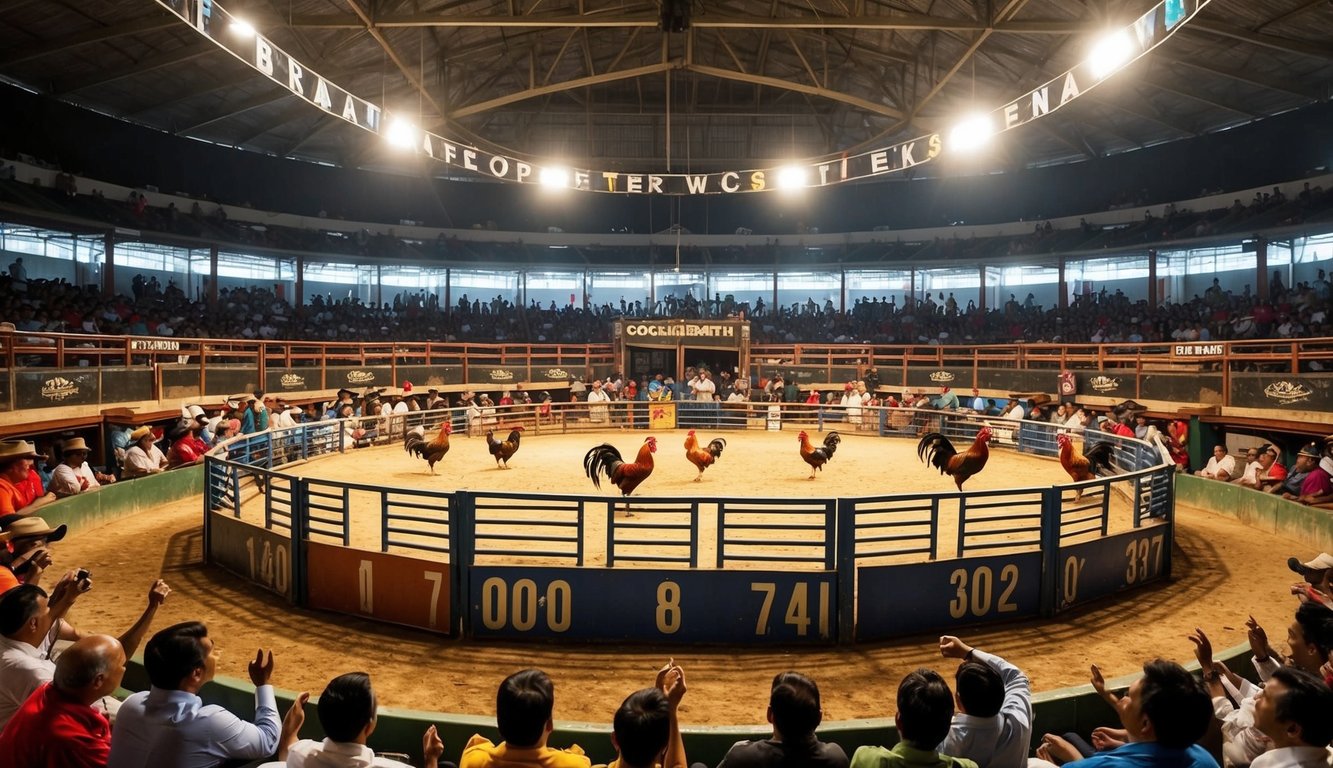 Sebuah arena sabung ayam resmi yang ramai dengan penonton yang bersorak dan ayam jantan berwarna-warni di tengah ring