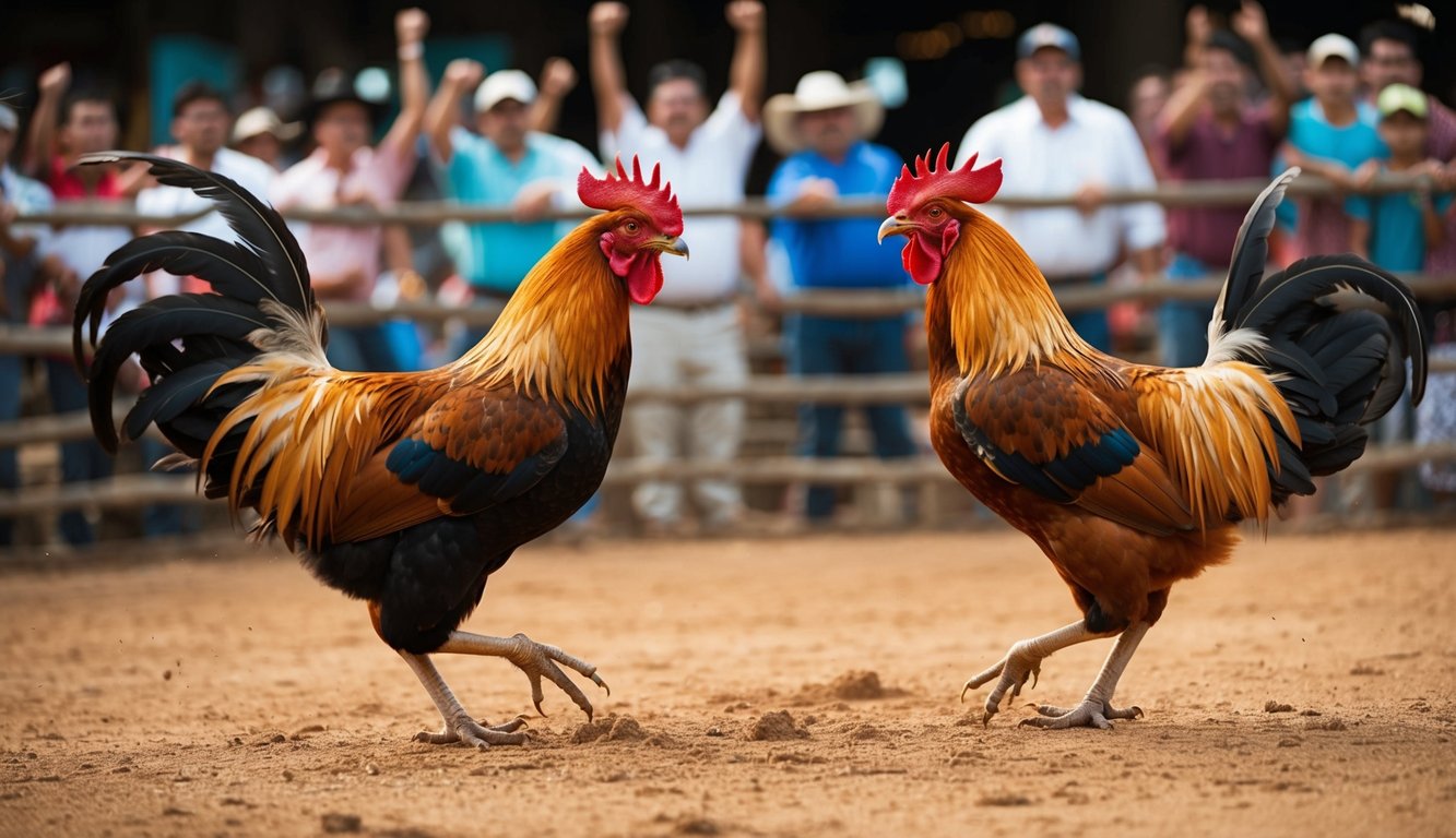 Dua ayam jantan berhadapan di sebuah arena tanah yang dikelilingi oleh penonton yang bersorak. Bulu-bulu beterbangan saat mereka bertarung dalam sabung ayam tradisional.