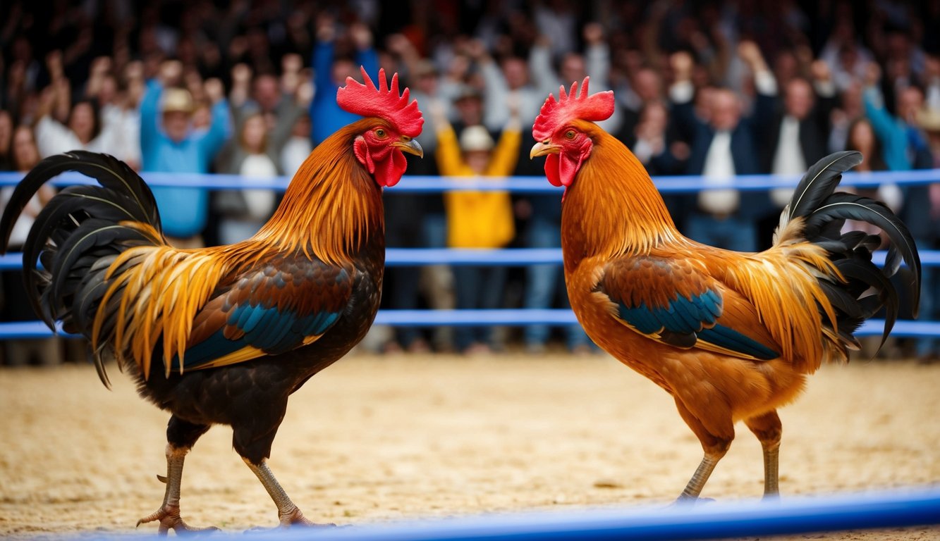 Dua ayam jantan berhadapan di sebuah arena, dikelilingi oleh kerumunan penonton yang bersorak-sorai