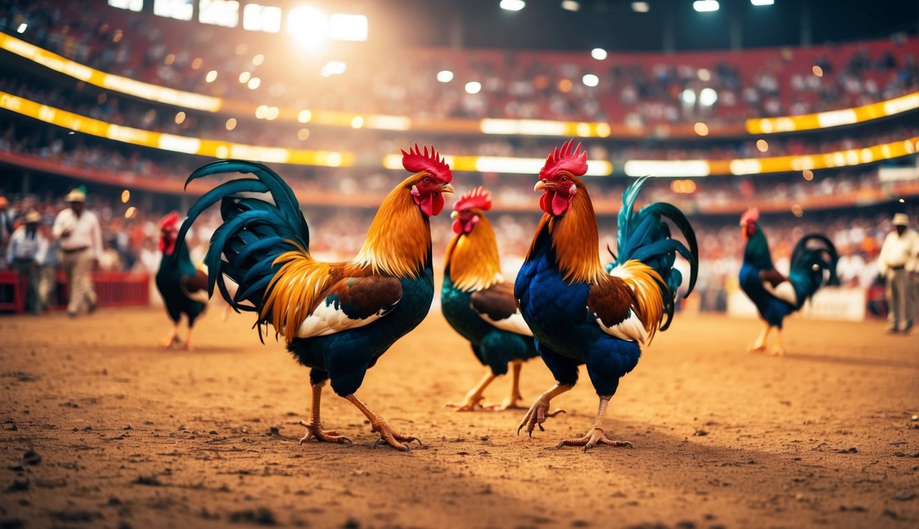 Arena sabung ayam yang meriah dengan penonton yang bersorak dan ayam jantan berwarna-warni dalam pertarungan sengit