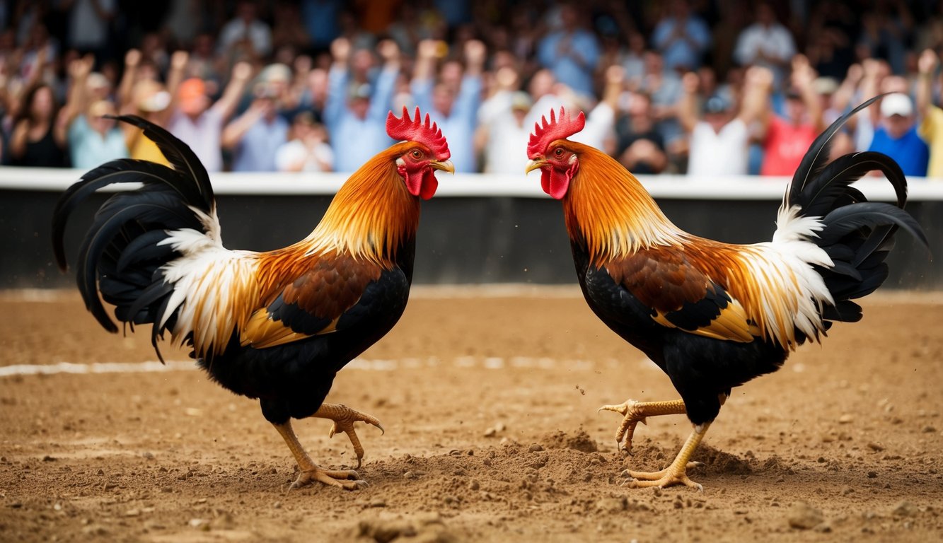 Dua ayam jantan saling berhadapan di sebuah lubang tanah, dikelilingi oleh penonton yang bersorak.