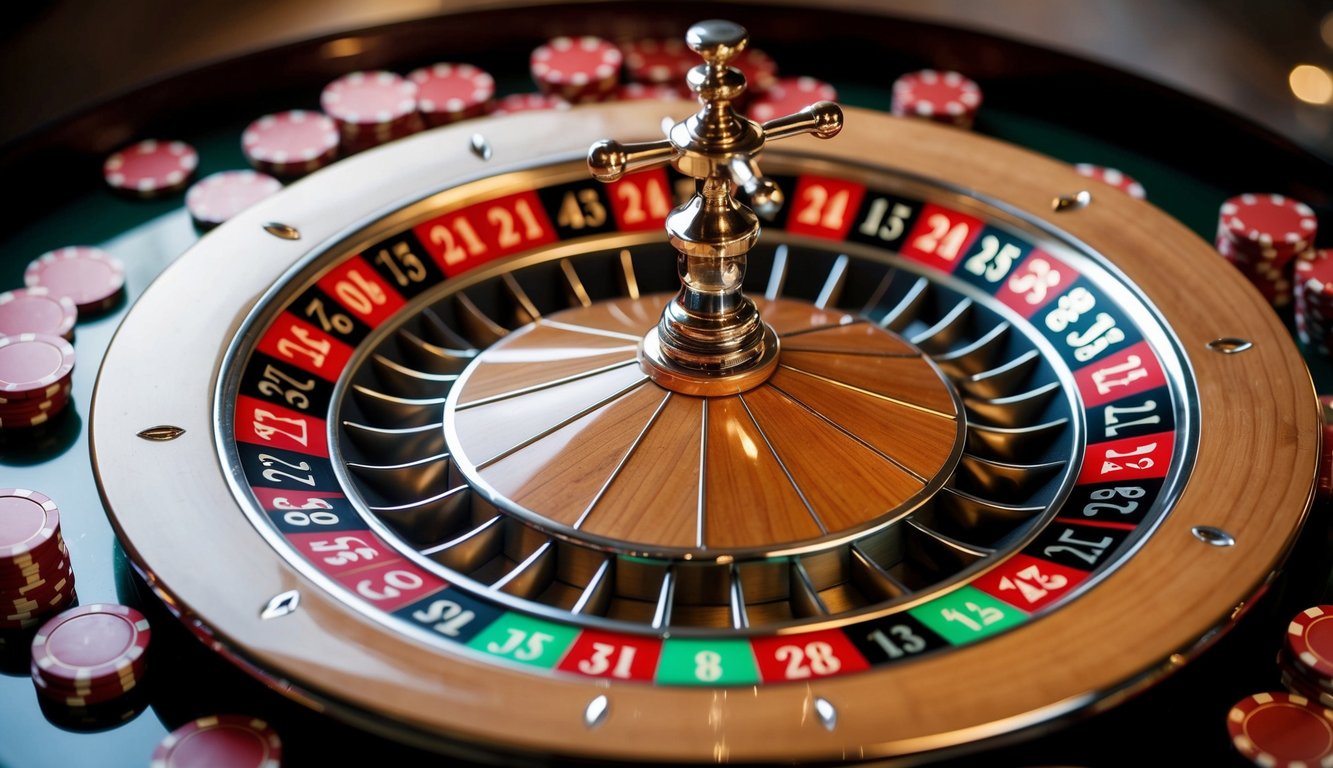 Roda roulette berputar dengan chip yang tersebar di sekitarnya