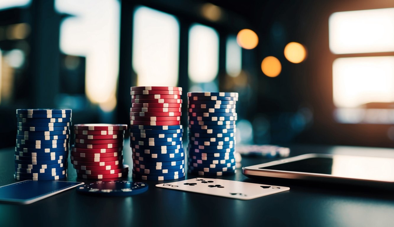 Sekelompok chip poker, kartu, dan perangkat digital di atas meja