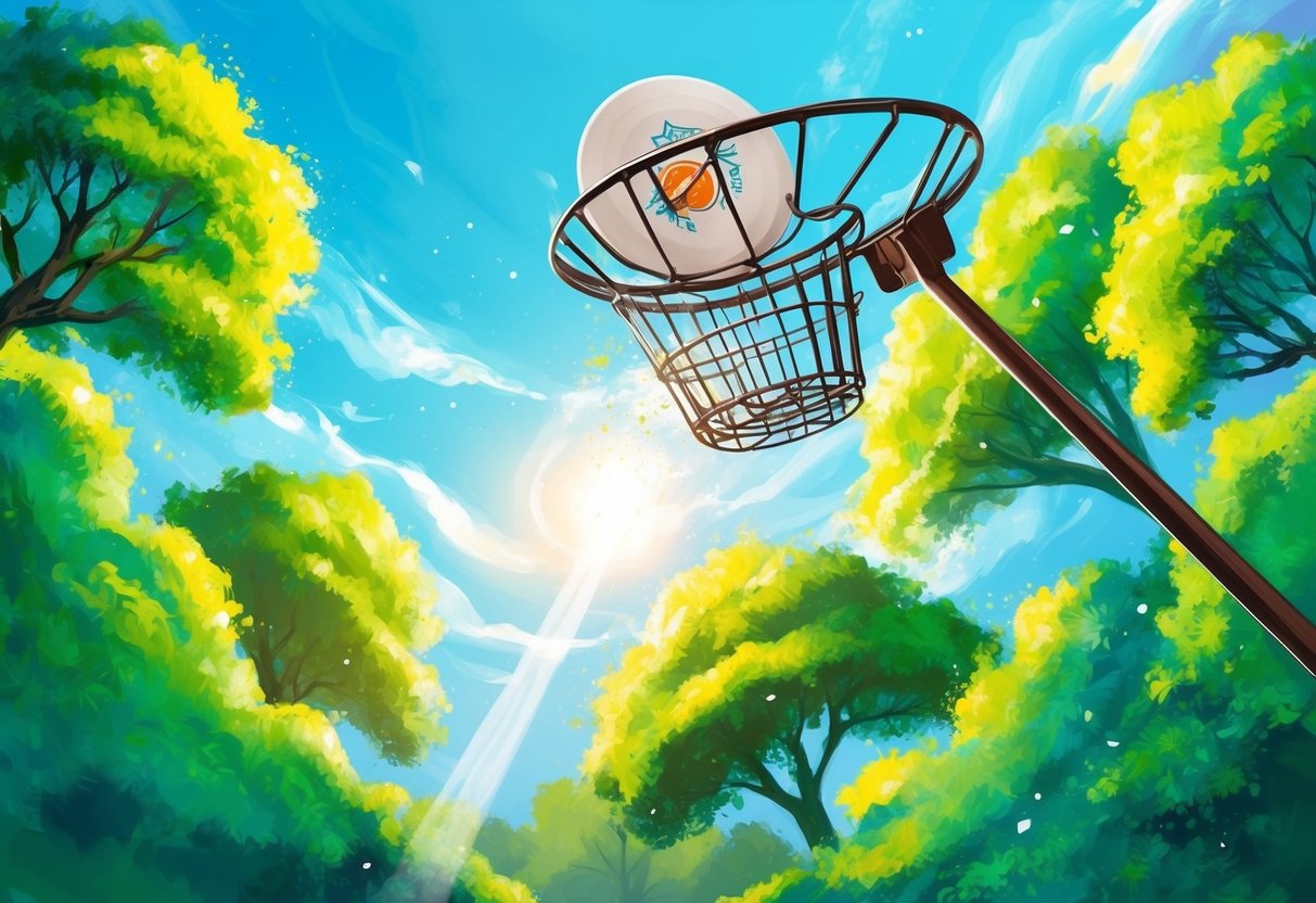 A disc golf disc flying into a metal basket, surrounded by lush green trees and a clear blue sky