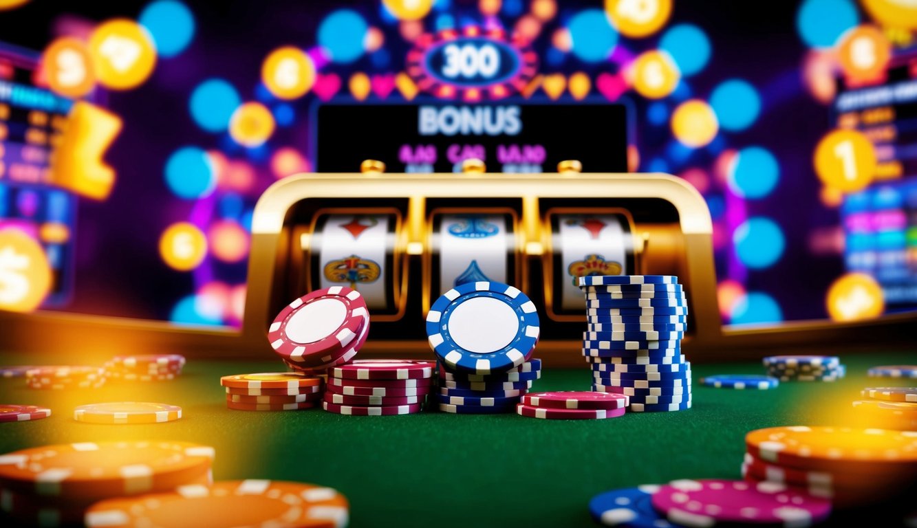 Latar belakang kasino digital yang berwarna-warni dengan chip poker dan kartu, dikelilingi oleh simbol bonus yang bersinar dan tampilan jackpot besar