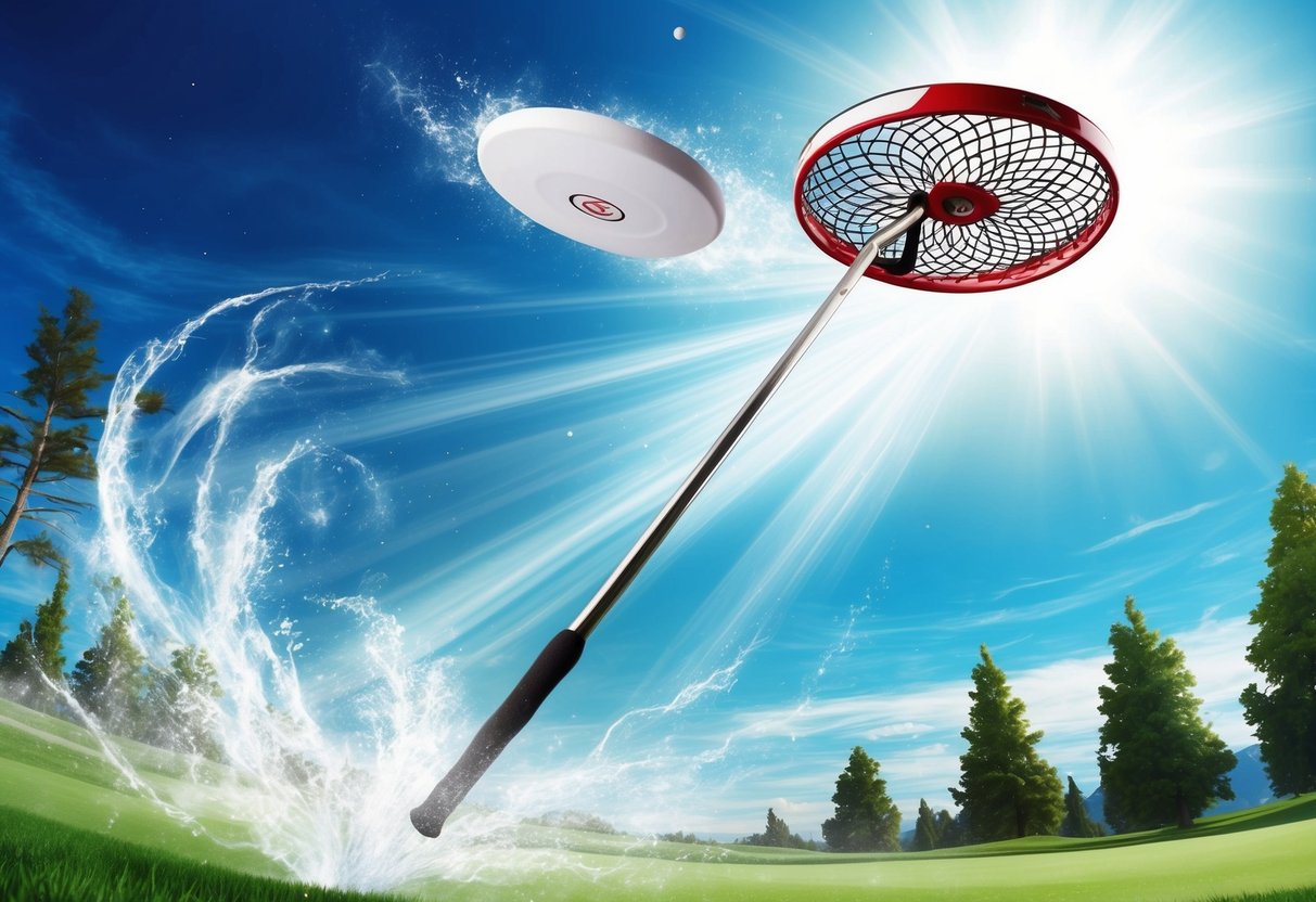 A disc golf putter flying through the air towards the basket, with trees and a clear blue sky in the background