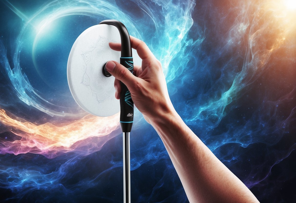 A hand holding the Grip disc golf putter, poised to make a throw