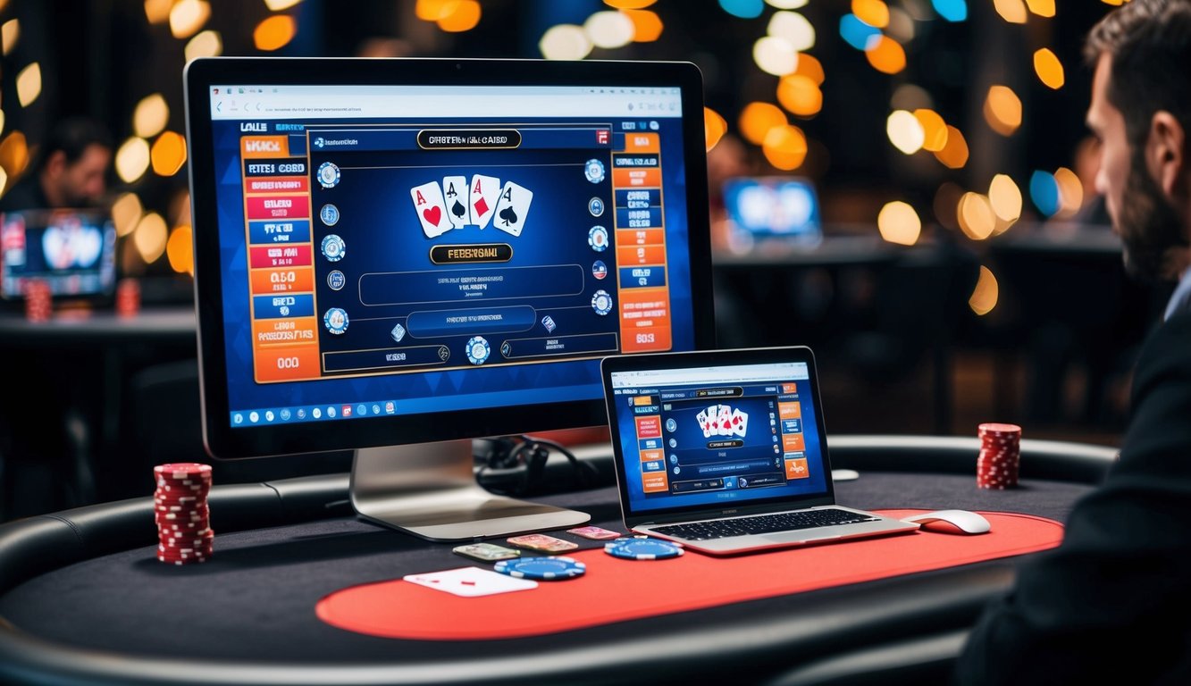 Meja poker dengan kartu, chip, dan layar komputer yang menampilkan antarmuka permainan poker online