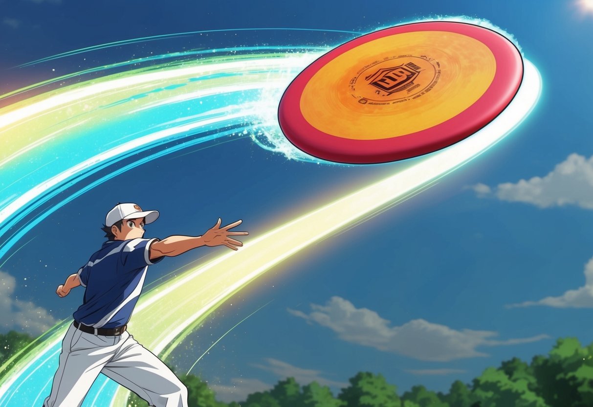 A disc golf disc mid-flight, arcing through the air with a backhand throw