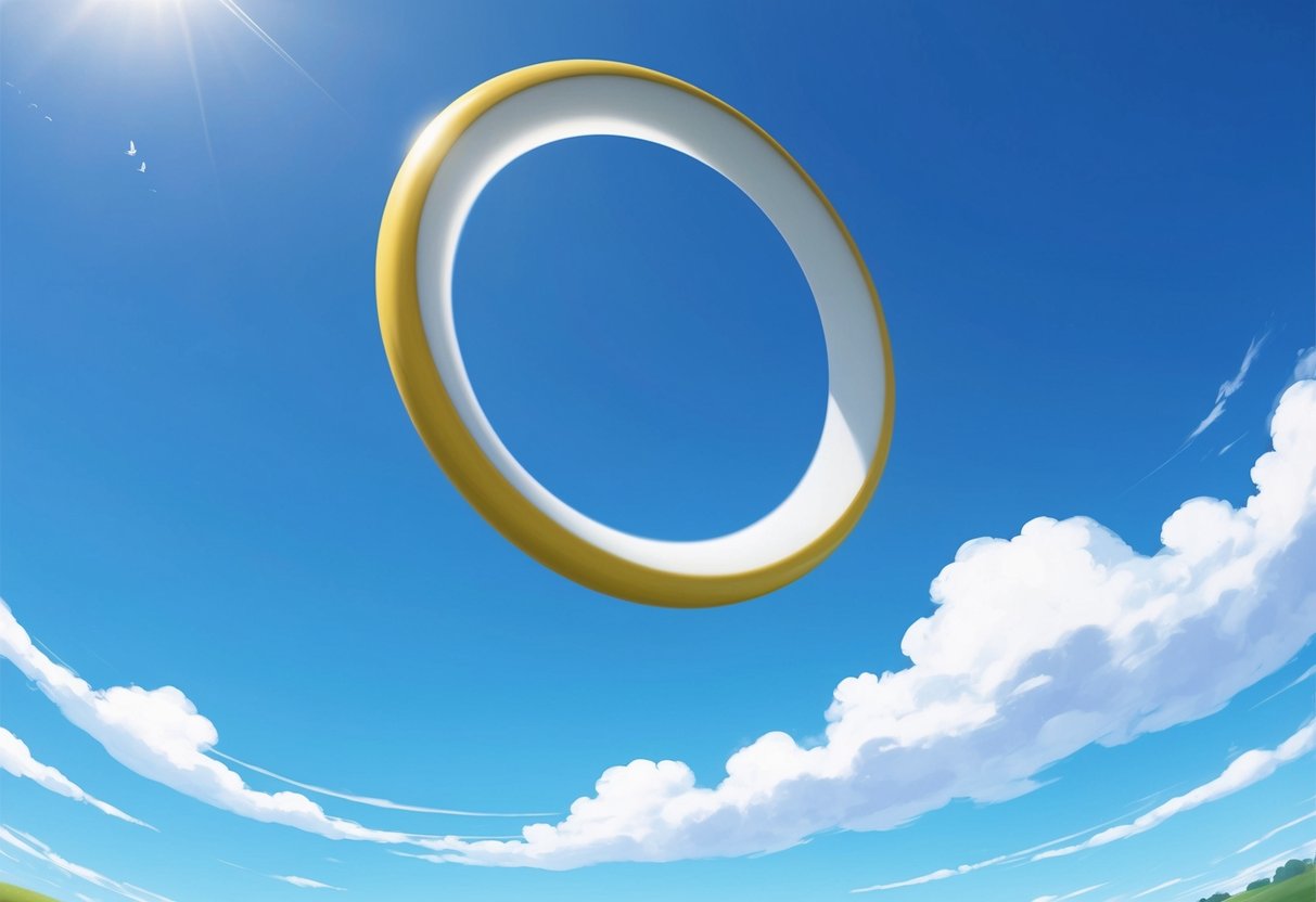 A disc golf disc soaring through the air in a high, arcing trajectory against a clear, blue sky