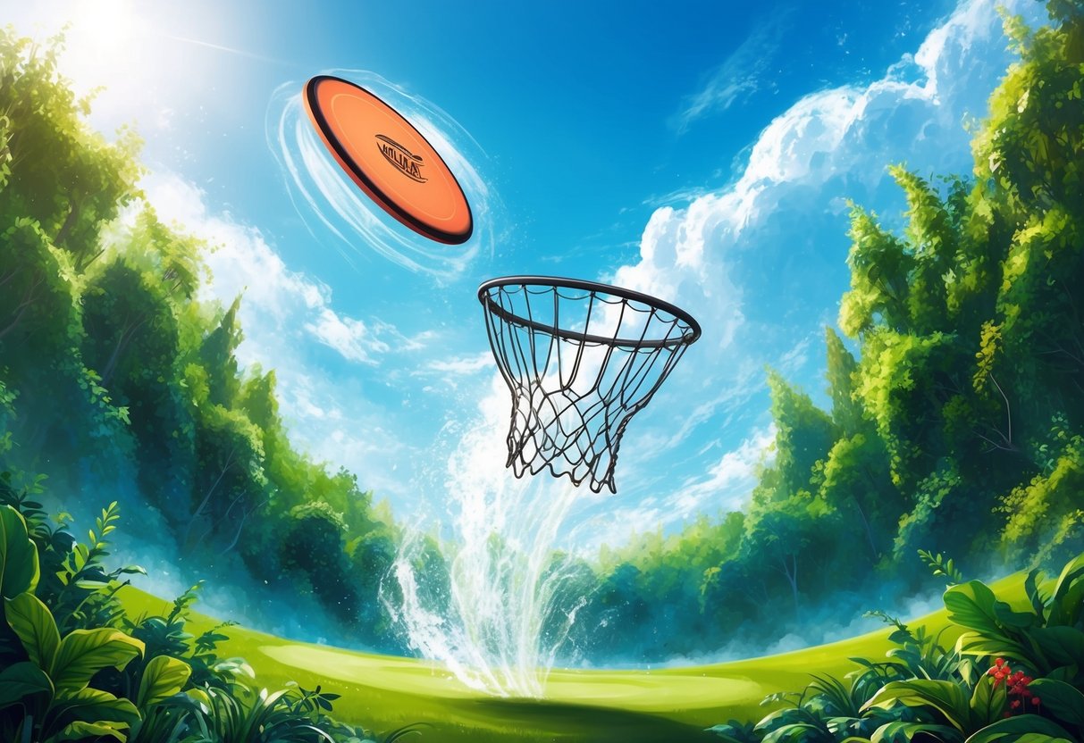 A disc golf disc flying smoothly into the basket, surrounded by lush greenery and a clear blue sky