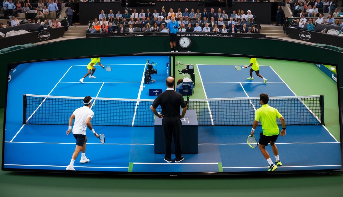 Sebuah pertandingan tenis yang dimainkan di layar digital, dengan dua pemain di sisi berlawanan lapangan, dan seorang wasit mengawasi permainan